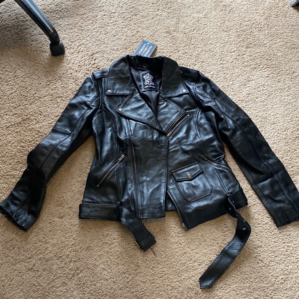 Black Leather motorcycle style Jacket. Real leather